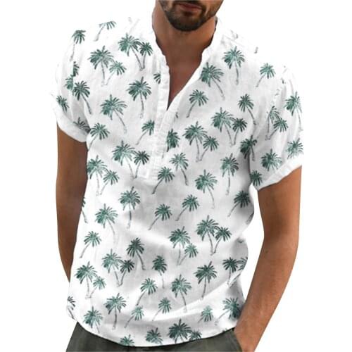 Harajuku Shirts Male Vintage Ethnic Printed Blouses Beach Style Short Sleeve Camicias Summer Buttons Tops Brief Round Neck Shirt