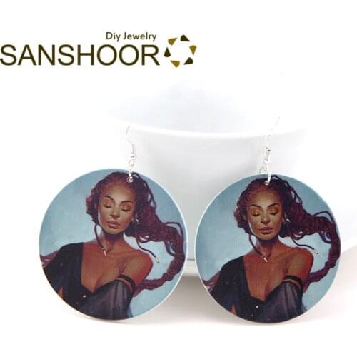 SANSHOOR Afrocentric Long Hair Woman Wood Earrings Blacks Ethnic Bohemia Jewelry For Women Girls Christmas Gift 1Pair