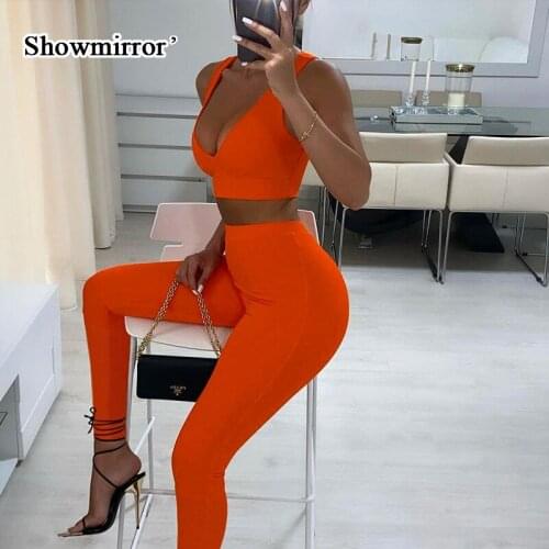Showmirror Solid Knitted 2 Piece Set Women Summer V-Neck Tank Top+Long Pants Skinny Pants Outfits Casual Streetwear Clothing
