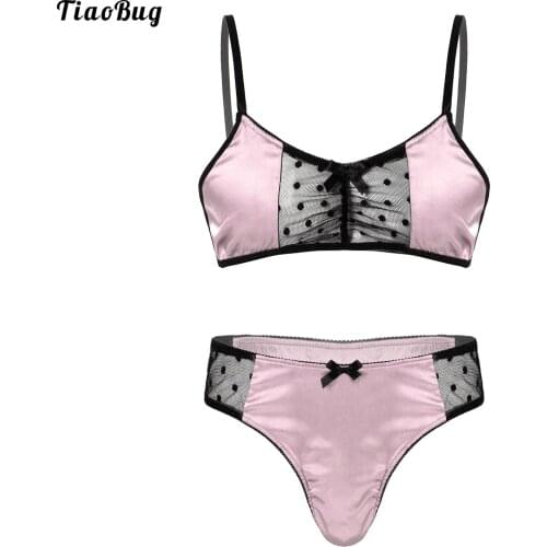 TiaoBug Summer Sissy Men Lingerie Swimsuit Sheer Mesh Patchwork Adjustable Spaghetti Strap Bra Tops With Briefs Thong Bikini Set