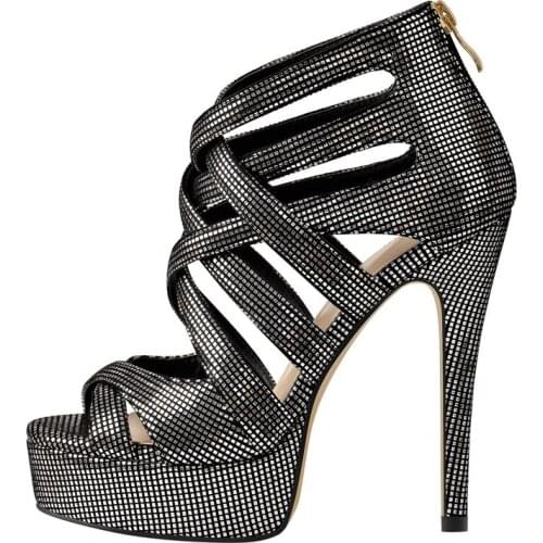 Richealnana Womens Platform Grey Pumps Criss Cross Round Peep Toe High Heels Back Zipper Rhineston Large Size Shoes US5-15