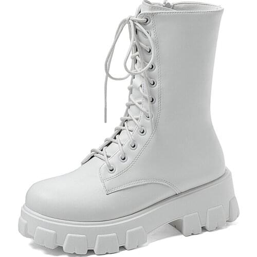 ADBOOV Thick Sole Mid Calf Women Boots Plus Size 41 42 43 Leather Platform Martins Boots Ladies