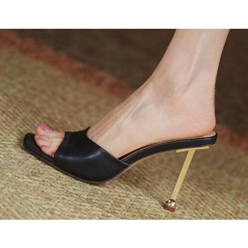 Ladies Black White Soft Leather Slip On Peep Toe Slippers Heels Sandals Woman Two Ways Wearing Lace Up Thin Heels Pumps Shoes