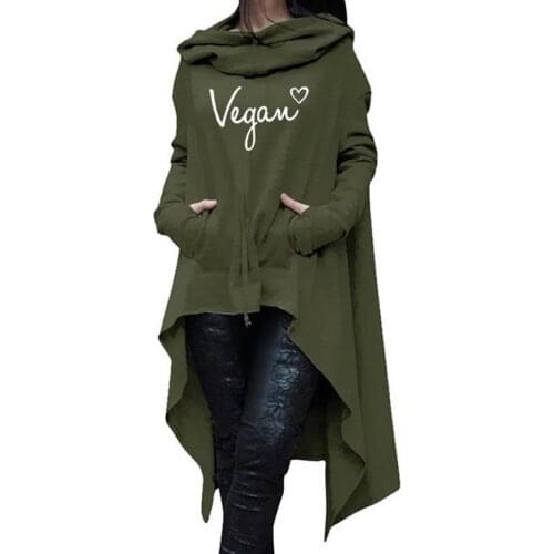 Hoodies For Women Long Irregular Hem Retro Sweatshirt VEGAN Letters Print Sweatshirt Vegans Pocket Sweatshirt Hoodies