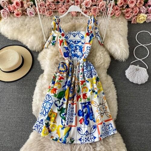HOT 2021 Summer Runway Boho Dress Womens Bow Spaghetti Strap Sundress Backless Blue And White Porcelain Floral Print Mini Dress