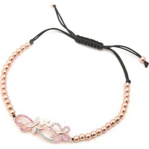 Gold silver micro pave cz Cubic Zirconia rope adjusted Copper Beads Bracelet wh3 butterfly Charm Braided Bangles Jewelry women