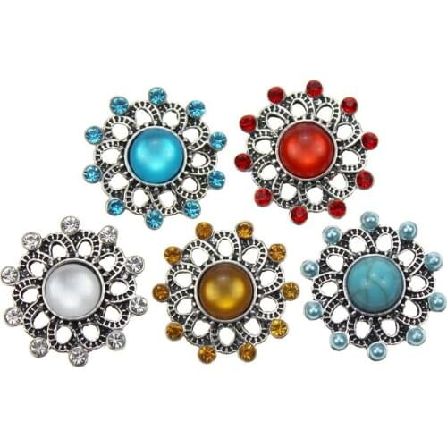 10Pcs/lot High Quality Snap Jewelry Mixed Rhinestone Flowers 18mm Snap Buttons lots Fit 18mm Snap Bracelet Silver Bangle