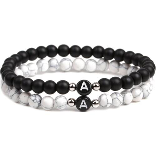 2Pcs/set New Trendy 6mm Natural stone bead Bracelets Bangle 26 letters Bracelet for Men&Women charm DIY Popular Jewelry Creative