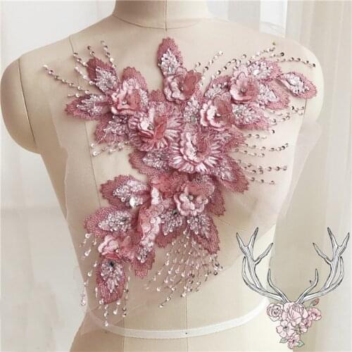Handmade Beads 3D Wedding Dress Applique DIY Bridal Headdress Colors Lace Collar Lace Fabric Patch