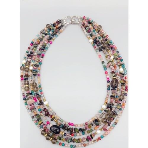 5 Strands Multicolor Agates Smokey Quartz Tourmaline Necklace White Freshwater Pearls Topaz Jewelry For Women Gifts 18 Inch