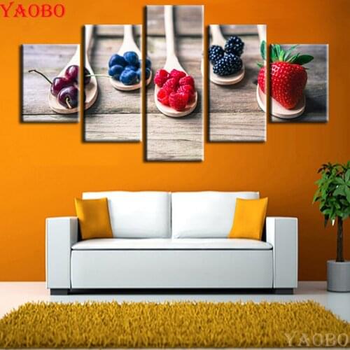 5pcs DIY Diamond Painting Cross Stitch Fruit pictures Mosaic Embroidery Strawberry cherry 5D Full Square Round Drill Home Decor