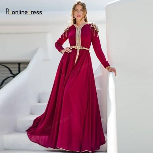 Bbonlinedress Moroccan Kaftan Evening Dresses Embroidery Appliques Long Evening Dress Full Sleeve Arabic Muslim Party-Dress