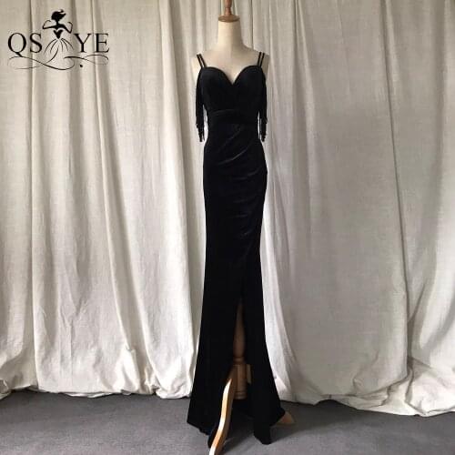 Black Velvet Evening Dress 2021 Beading Mermaid Party Dress Front Split Velour Side Sleeves Shoulder Straps Ruched Formal Gown
