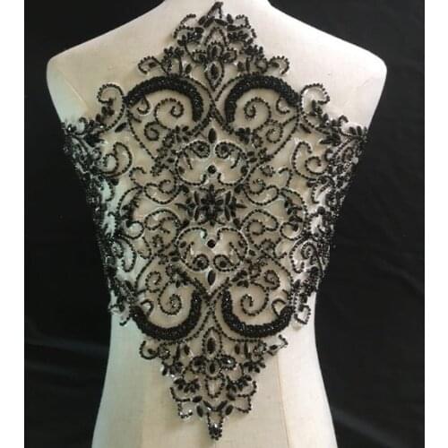 Black heavy bead bodice applique for bridal dress,Handmade French Lace deluxe rhinestone bodice for haute couture