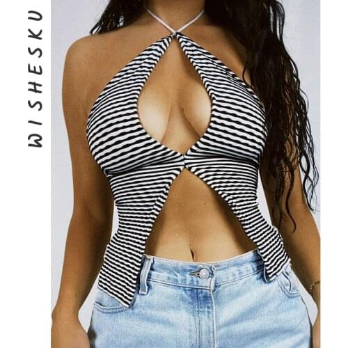 Women Halter Stripe Cut Out Crop Tops Sexy Lace Up Backless Split Camis Top 2021 Summer Vintage Party Club Cute Y2K Clothes