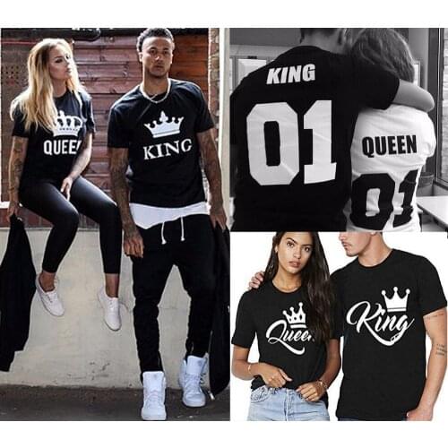 KING QUEEN Letter Crown Printed Black White T shirts Summer Casual O-neck Short Sleeve Tees Couple Lovers tshirt Tops Clothes