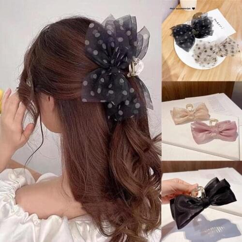 Exquisite Korean Ribbon Big Bow Mesh Hair Claws Crab Elegant Dot Color Yarn Ponytail Holder Headwear Women Hair Accessorie