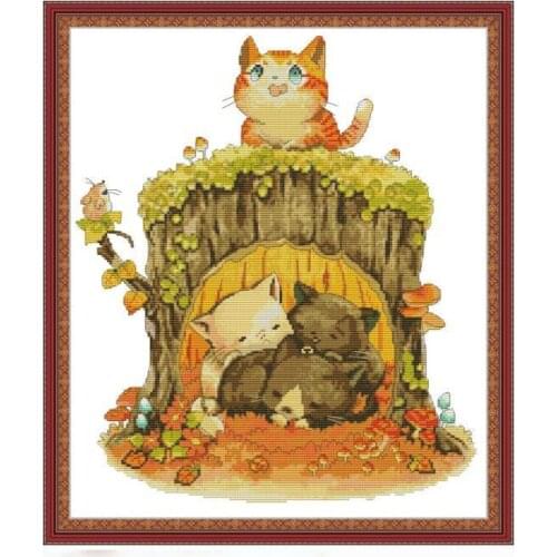 Joy Sunday Cross Stitch Kits Kitten Under The Stump Patterns 14CT 11CT Counted Cross Stitch Handmade Embroidery Needlework Sets