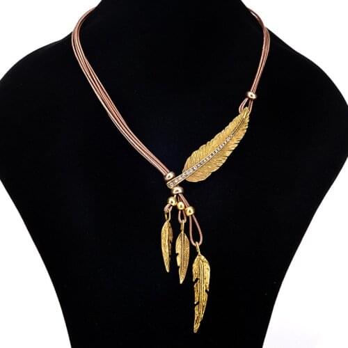 Feather Leaf Rhinestone Black Leather Rope Necklace Multi-layer Tassel Lady Clavicle Chain Sweater Chain Accessories Gift