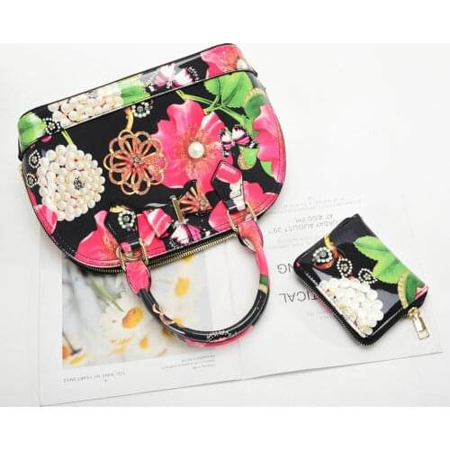 2021Two-Piece Suit Patent Leather Bright Surface Women Top-Handle Soild Pear Floral Frinting Handbag With Wallet/VK5628