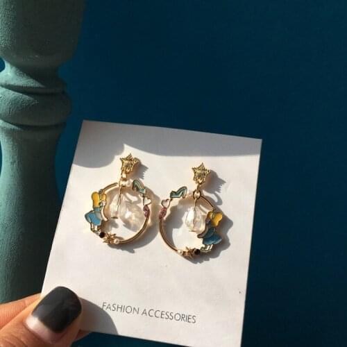 Fashionable Five-Pointed Star Sweet Fairy Tale Series Cute Girl Earrings Blue Alice Wild Party Elegant Round Ear Jewelry Female