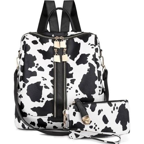 Female PU Cow Printed Fashion Backpack Front Double Zipper Leopard Women Shoulder Bag Animal Pattern Handbag With Wristlet Purse
