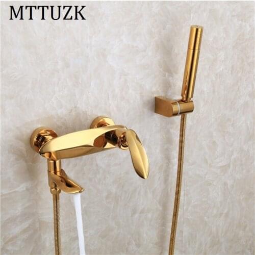 MTTUZK Nordic brass gold bath shower hot and cold water tap wall mounted titanium golden bathtub shower faucet set hanging wall