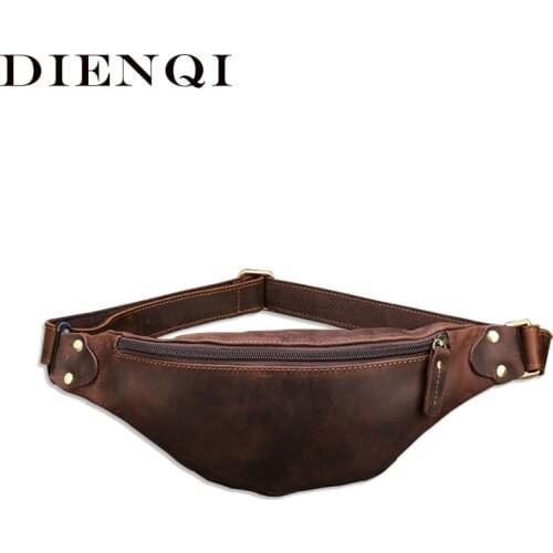 DIENQI Men Cow Genuine Leather Fanny Packs Cowhide Casual Shoulder Bags Travel Waist Bags Small Pouch Phone Bag Male Belt Length