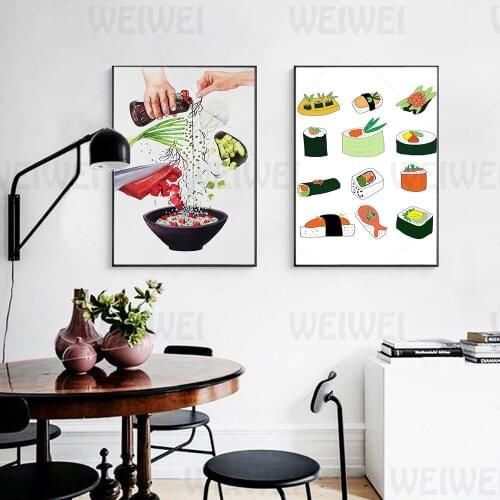 Sushi Food Home Decoration Painting Kitchen Restaurant Wall Canvas Poster All Kinds of Spices Gather In a Bowl Dining Room Print