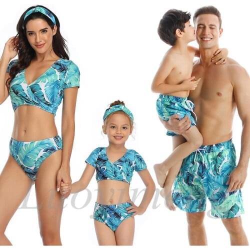Matching Family Bikini Swimsuit For Father Mother Son Daughter Children Kids Beach Short Swimwear Women Bathing Suit Bodysuit