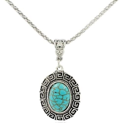 Silver Plated Oval Shape Green Turquoises Stone Pendant Link Chain Necklace Fashion Jewelry