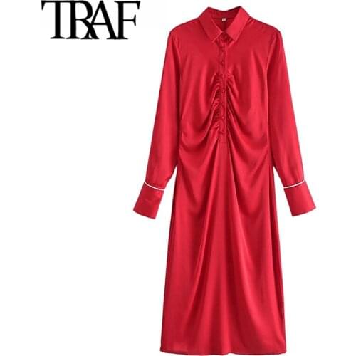 TRAF Women Chic Fashion Soft Touch Pleated Midi Dress Vintage Long Sleeve Side Zipper Female Dresses Vestidos Mujer