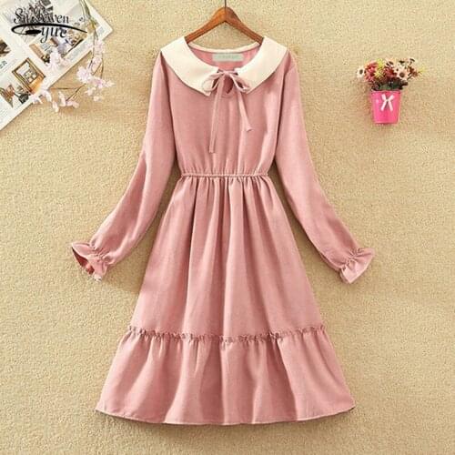 Long Sleeve A-line Doll Collar Long Dresses Vintage Elastic Waist Slim Dress Bow Tie Women Korean Autumn Dresses Vestidos 12068