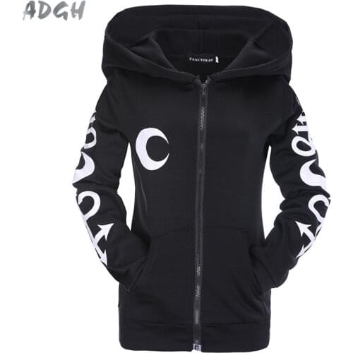 Drop Ship Gothic Witch Moon Printed Hoodies Sweatshirt Casual Black Zip Up Outerwear Hooded Jacket Long Sleeve