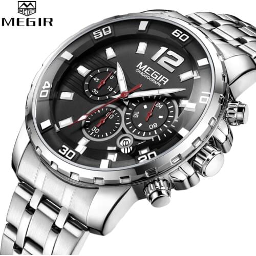 MEGIR Sport Watch Men Fashion Stainless Steel Quartz Wristwatch Military Chronograph Clock Business Casual Waterproof Watches