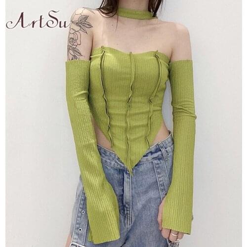 ArtSu Long Sleeve Top Tee Shirt Femme Y2K Clothes Off Shoulder Green Tops Mujer T-shirt Black Sexy Funny T Shirts Women Cropped