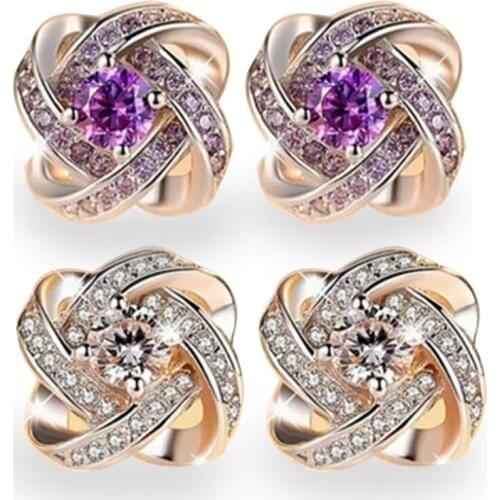Ofertas Ladies Fashion Simple Korean Style White Purple Zirconia Crystal Chinese Knot Female Stud Alloy Earrings for Women