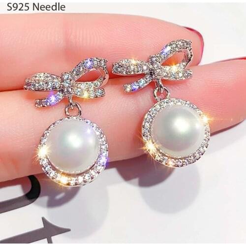 925 Sterling Silver Needle Stud Earrings for Women Jewelry Butterfly Pearls Cubic Zircon Rhinestone Elegant Female Earrings