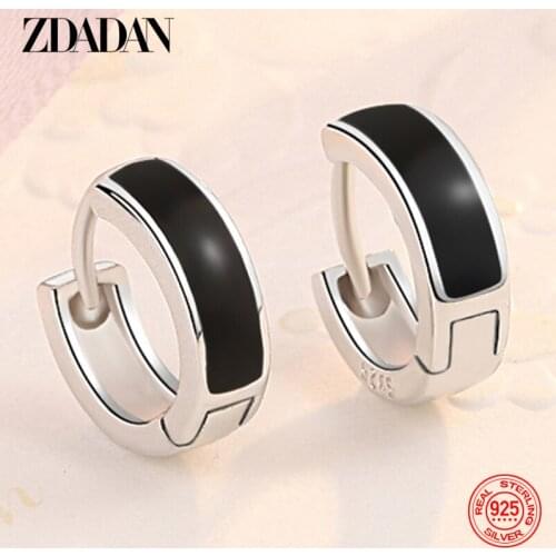 ZDADAN 925 Sterling Silver Black Hoop Earring For Men Women Party Birthday Gift Accessory Wholesale