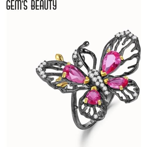 GEMS BEAUTY 925 Sterling Silver Butterfly Rings For Women 2021 Style Pear Cut Lab Created Ruby Handmade Adjustable Open Rings