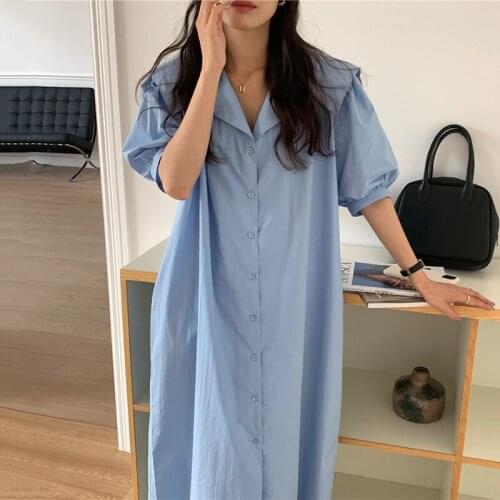 Women Temperature Soft Summer Temperament Lapel Single-breasted Design Loose Puff Sleeve Shirt Dress FT702