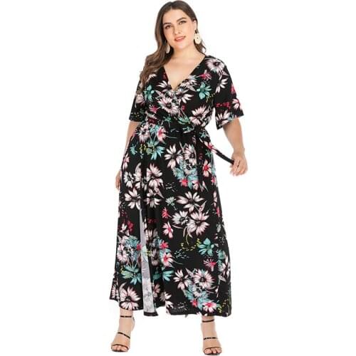 Plus Size Casual Dress Women 2020 Fashion Female V Neck Short Sleeve Floral Print Boho Beach Dresses Maxi Long Wrap Dress
