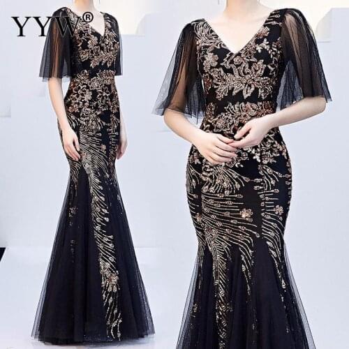 Luxury Black Mesh&Gold Floral Sequined V Neck Mermaid Dress Formal Evening Party Long Dress Batwing Sleeve New Nightclub Wear