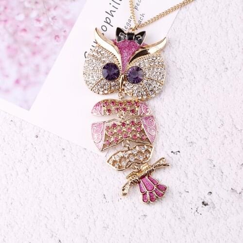 Vanssey Vintage Fashion Owl Animal Rhinestone Violet Enameled Long Necklace Accessories for Women for 2018 New