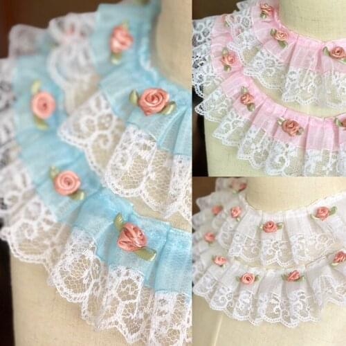 2Yards Princess Style Embroidery 3D Flower Lace Fabric Trim Ribbon DIY Sewing Applique Collar Ruffle Craft Wedding Guipure Decor