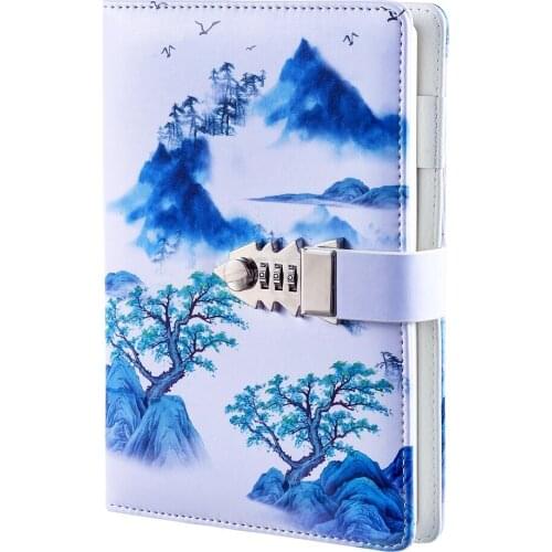215*150mm Chinese Style Mountain Color Printing Code Password Notebook Diary Lock Thick Handbook Girl Stationery Exquisite Gift