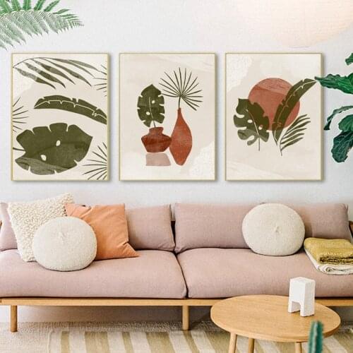 Plant in a Vase Prints Abstract Botanical Poster Boho Wall Art Terracotta Burnt Orange Sun Canvas Painting Living Room Art Decor