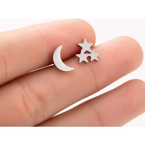 Stainless Steel Asymmetric Moon Star Stud Earrings for Women Kids Jewelry Fashion Mini Piercing EAR Bone Bijoux Brinco