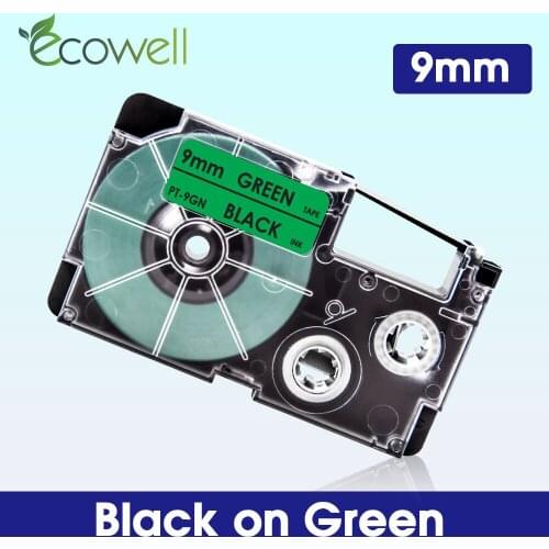 Ecowell 9mm Label tape XR9GN Compatible for Casio 9mm XR-9GN XR 9GN label Cassette Black on Green for KL-60 KL-60SR KL-120 100