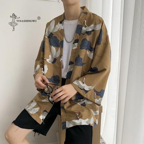 Kimono Cardigan Women Adult Yukata Men Loose Style Harajuku Coat Crane Print Haori Fashion Japanese Streetwear Summer Costume